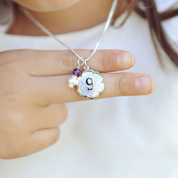 number four scalloped disc charm necklace