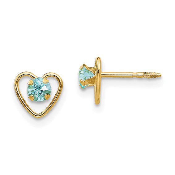 gold heart diamond earrings in March aquamarine