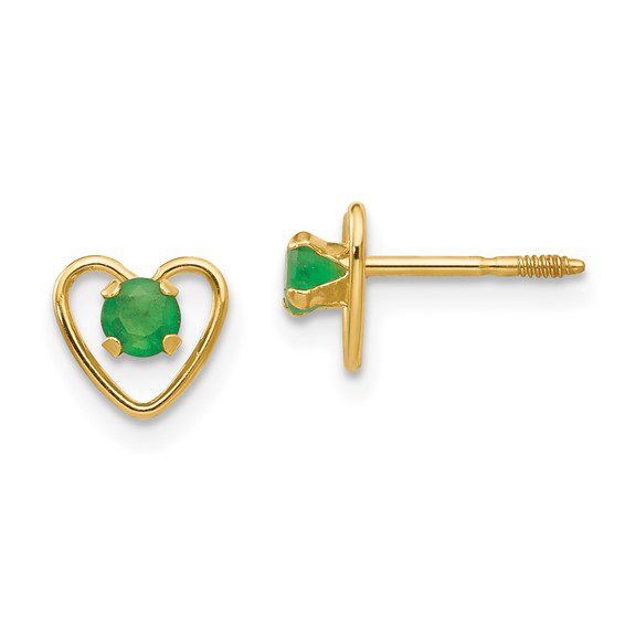 gold heart diamond earrings in May emerald