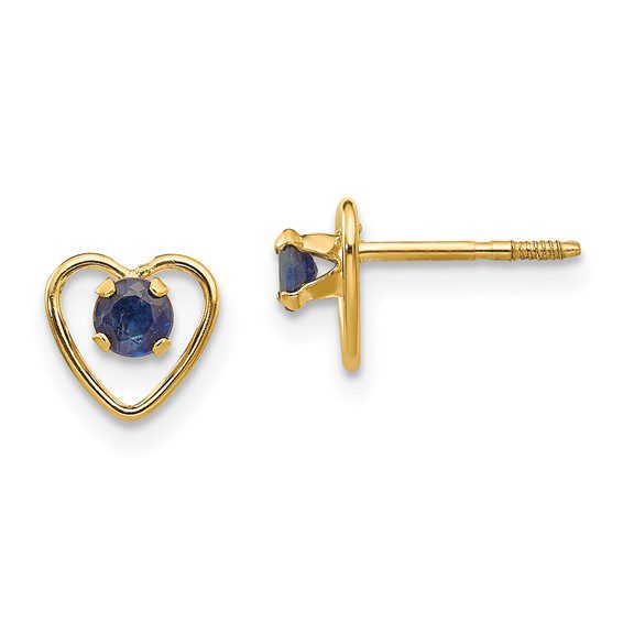 gold heart diamond earrings in September blue sapphire