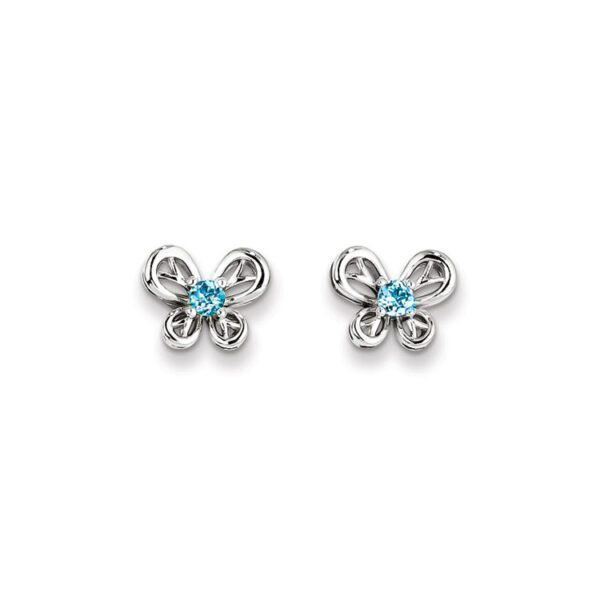 silver butterfly earrings in December blue zircon
