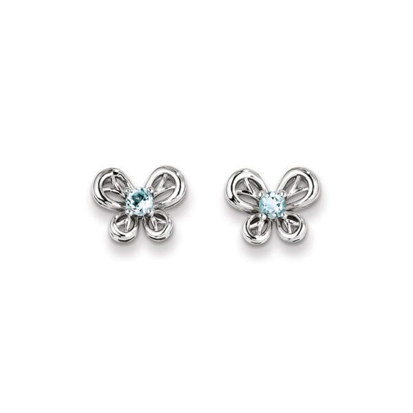 silver butterfly earrings in March aquamarine