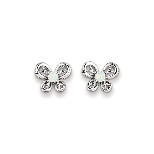 silver butterfly earrings in October opal