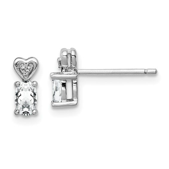 silver diamond heart earrings with April white topaz gemstones