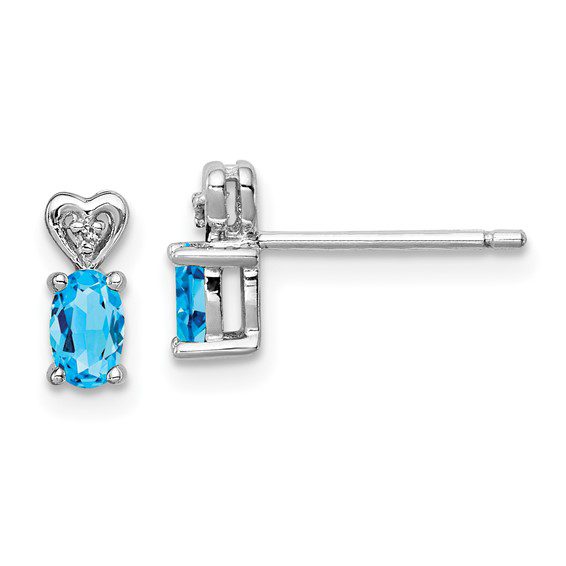 silver diamond heart earrings with December Swiss Blue topaz gemstones