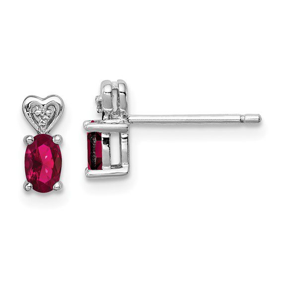 silver diamond heart earrings with July ruby gemstones