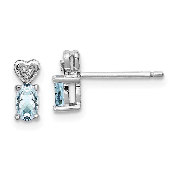 silver diamond heart earrings with March aquamarine gemstones