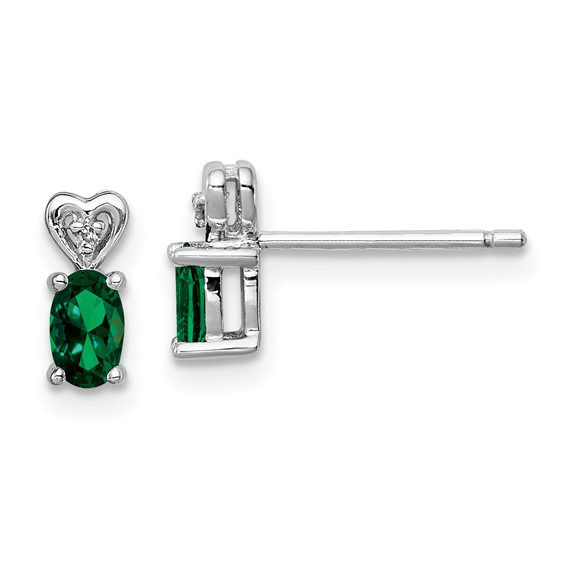 silver diamond heart earrings with May emerald gemstones