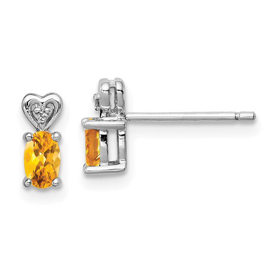 silver diamond heart earrings with November citrine gemstones
