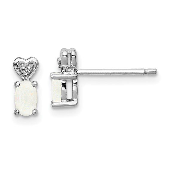 silver diamond heart earrings with October opal gemstones