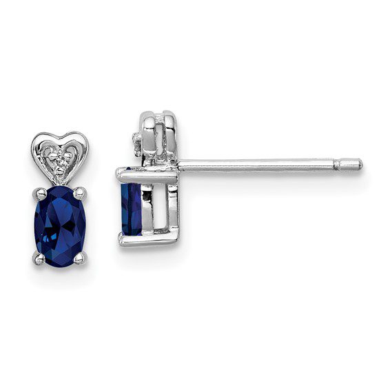 silver diamond heart earrings with September blue sapphire gemstones
