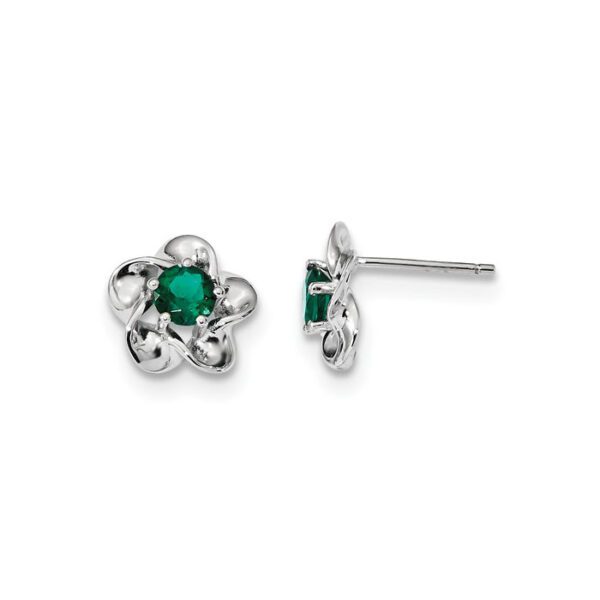 silver flower earrings in May emerald
