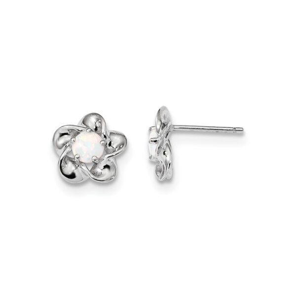 silver flower earrings in October opal