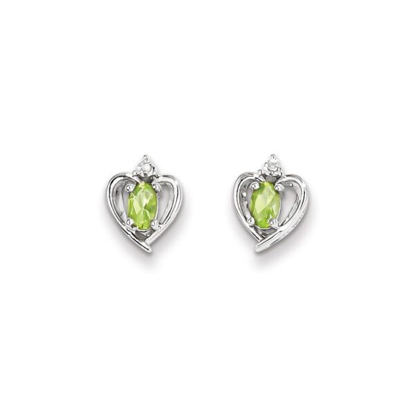 silver heart diamond earrings in August peridot