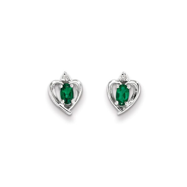 silver heart diamond earrings in May emerald