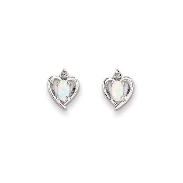 silver heart diamond earrings in October opal