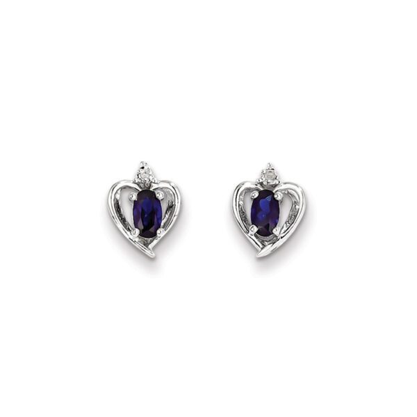 silver heart diamond earrings in September blue sapphire