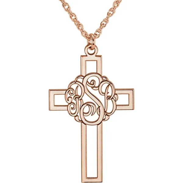 monogram necklace with cross rose gold plate
