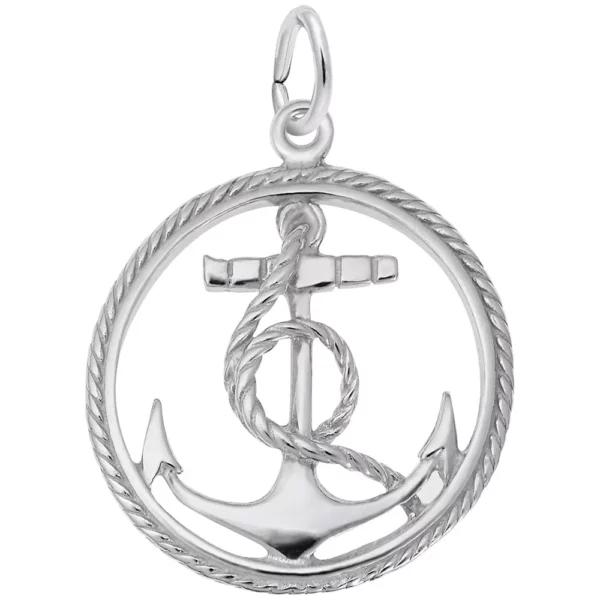 Ships anchor in rope circle charm in sterling silver rhodium