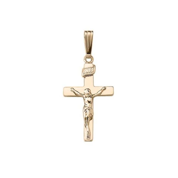 Front of boys crucifix cross pendant necklace.