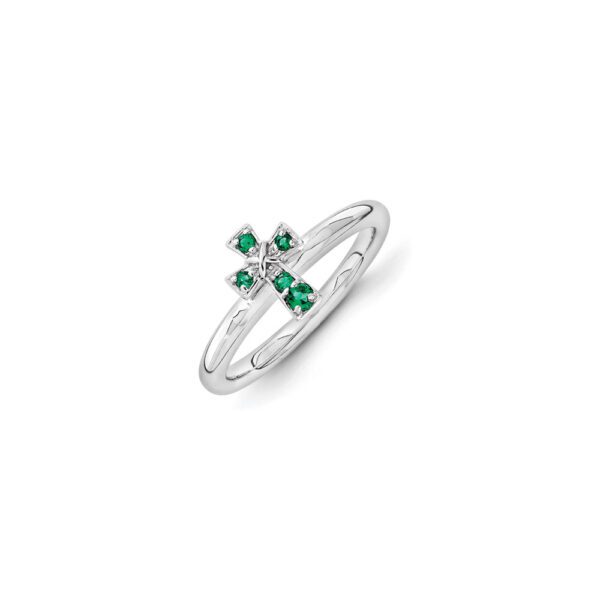 Girls birthstone cross ring in created emerald.