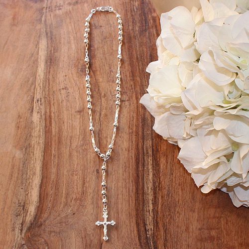 Sterling silver communion rosary necklace.