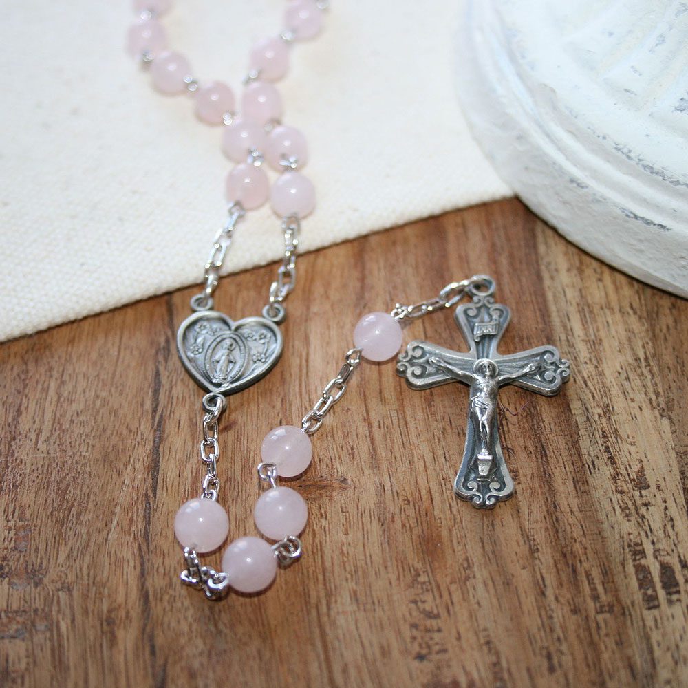 Sterling Silver Pink Quartz First Communion Rosary.