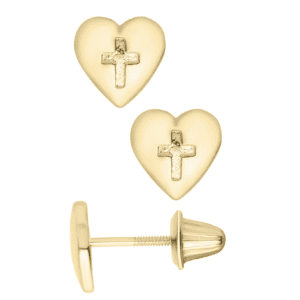 14K gold heart cross earrings for babies and children with screw backs
